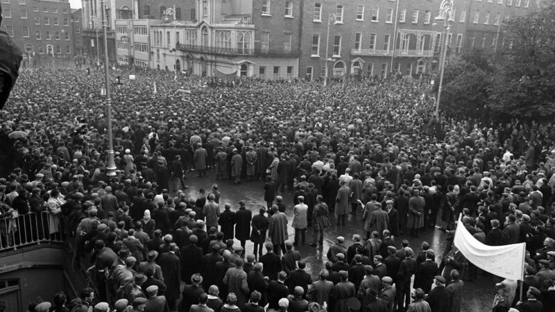 Members of the National Farmers’ Association at Merrion Square  being addressed by their president, Rickard Deasy, in 1966. Photograph: Gordon Standing