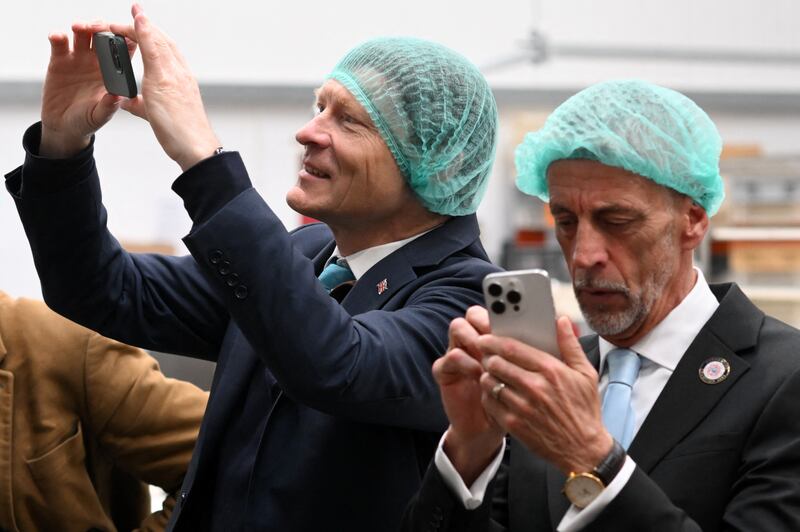 Reform UK leader Richard Tice and the party's local candidate Mark Butcher visit a confectionery factory in Blackpool. Photograph: Paul Ellis /AFP via Getty Images