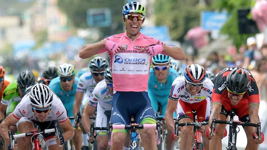 Orica Greenedge rider Michael Matthews of Australia celebrates after crossing the finish line of the 136km  third stage of the  Giro d’Italia   from Rapallo to Sestri Levante. Photo: Fabio Ferrari/Reuters/La Presse