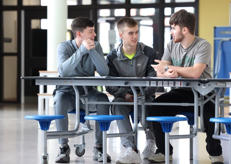 Leaving Cert students Cormac Taaffe, Aron Kavanagh and Ilyas Ugurlu at Belmayne Educate Together Secondary School, Belmayne, Dublin. Photograph: Dara Mac Dónaill







