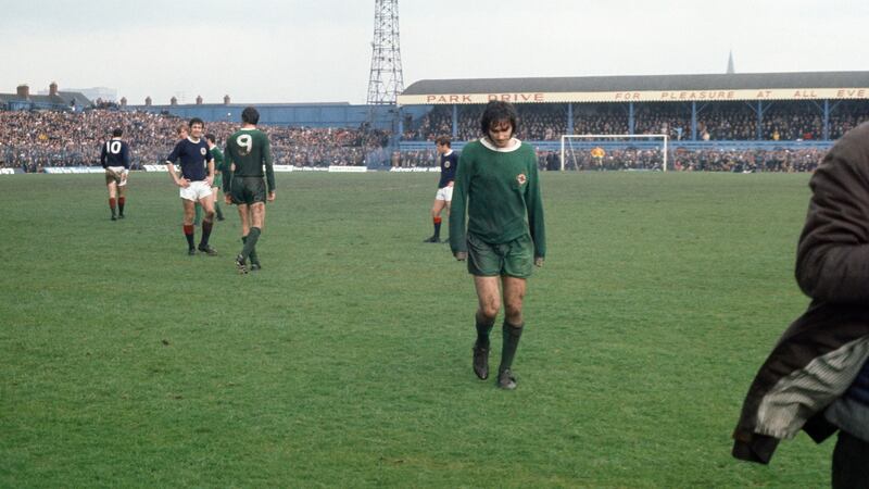 Northern Ireland 0 - 1 Scotland. George Best received his first red card for Northern Ireland after throwing mud at the referee at Windsor Park. Photograph: Staff/Mirrorpix/Getty Images