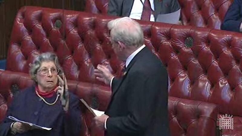 Lady Trumpington making a two-fingered gesture   to a fellow peer, Lord King,   after he   referred to her age during a televised debate in the House of Lords.  Photograph: PA Wire