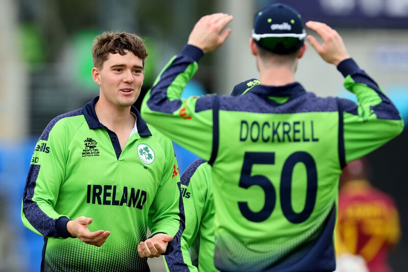 Ireland's Gareth Delany celebrates his wicket of West Indies' Evin Lewis with Gorge Dockrell during the T20 World Cup match at the Bellerive Oval in Hobart. Photograph: David Gray/AFP via Getty