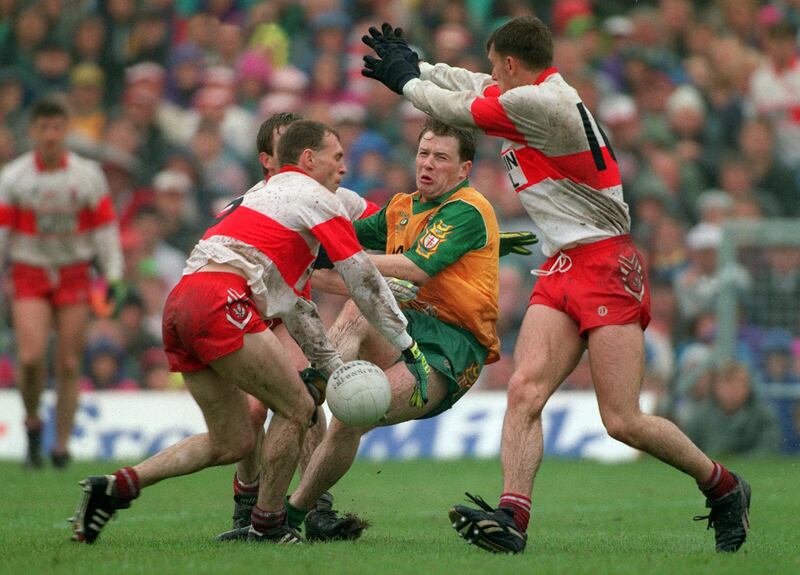 Ulster final: Derry vs Donegal in 1993 where  Manus Boyle of Donegal is surrounded by opposition players. File photograph: Inpho
