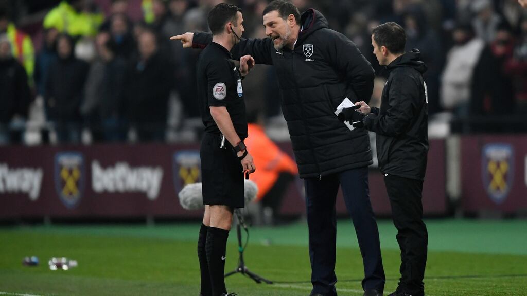 West Ham United manager Slaven Bilic remonstrates with referee Michael Oliver at London Stadium on Saturday. Photograph: Reuters