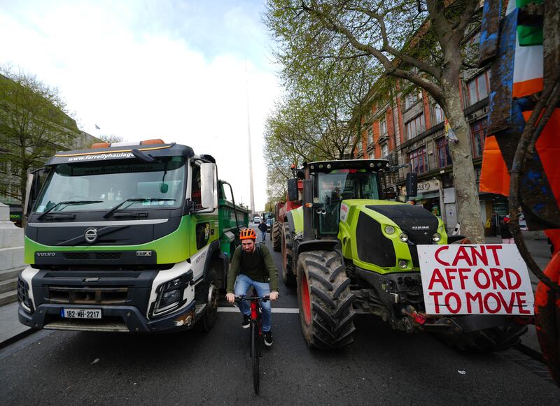Vehicles parked on O'Connell Street in Dublin as protestors take part on the second day of a National Fuel Protest against rising fuel prices. Photograph: Brian Lawless/PA Wire