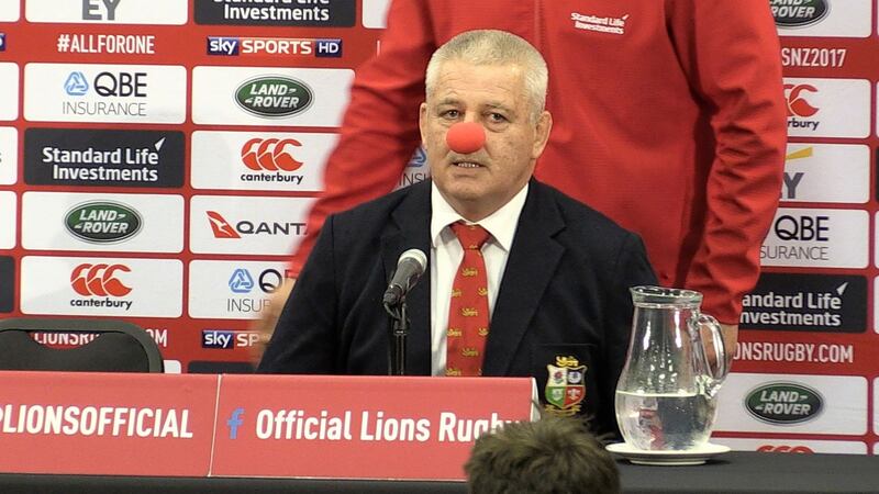 Warren Gatland wears a clown nose to his post-match press conference. Photograph: Marty Melville/AFP