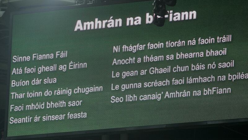Words of “Amhrán na bhFiann” appear on a screen  prior to a GAA match at Croke Park. Photograph: Dara Mac Dónaill01