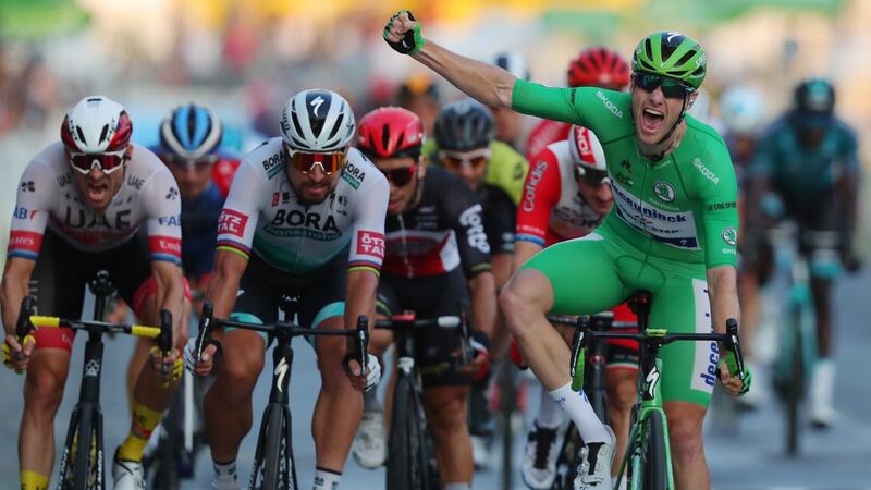 Sam Bennett wearing the best sprinter’s green jersey in Paris last September. He will be looking to win more stage victories in the major tours in 2021. Photograph: Thibault Camus/AFP/Getty