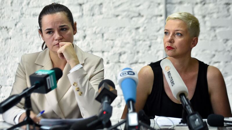 Presidential candidate Svetlana Tikhanovskaya and her ally Maria Kolesnikova hold a press conference on Monday. Photograph: Sergi Gapon/ Getty Images