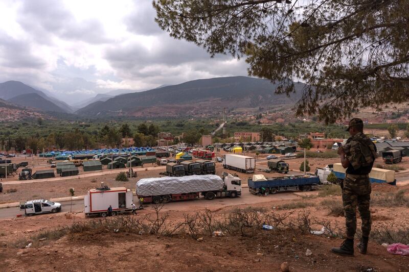 A makeshift camp and military hospital set up following the earthquake in Asni, Morocco on Tuesday. Photograph: Nathan Laine/Bloomberg