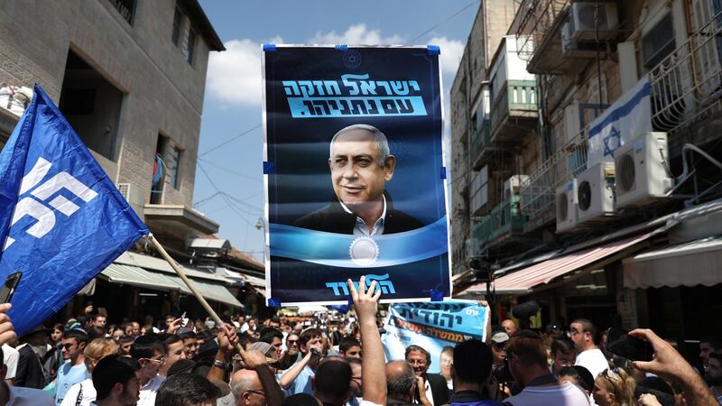 Supporters of prime minister Binyamin Netanyahu’s Likud Party at the Mahane Yehuda Market in Jerusalem.  The Israeli legislative election will be held on September 17th. Photograph: Abir Sultan