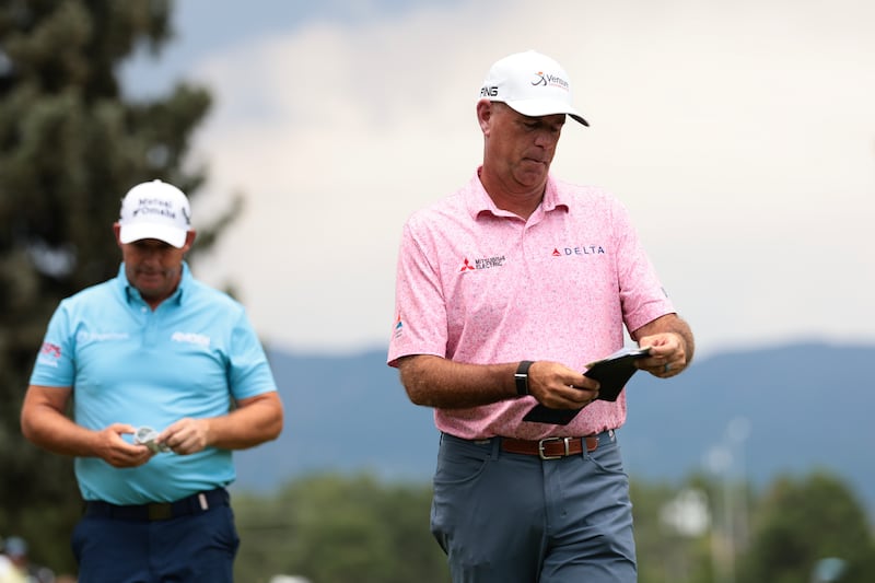 COLORADO SPRINGS, COLORADO - JUNE 29: Padraig Harrington of Ireland and Stewart Cink of the United States walk to the 15th tee during the final round of the U.S. Senior Open Championship 2025 at Broadmoor Golf Club on June 29, 2025 in Colorado Springs, Colorado. (Photo by Andrew Wevers/Getty Images)
