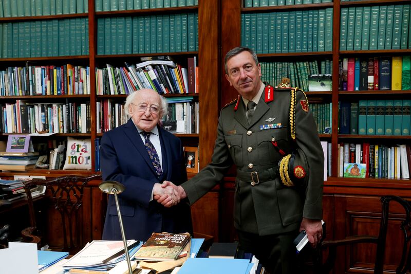 President Michael D Higgins receives the new Chief of Staff of the Irish Defence Forces, Rossa Mulcahy. Photograph: Tony Maxwell/Maxwell’s