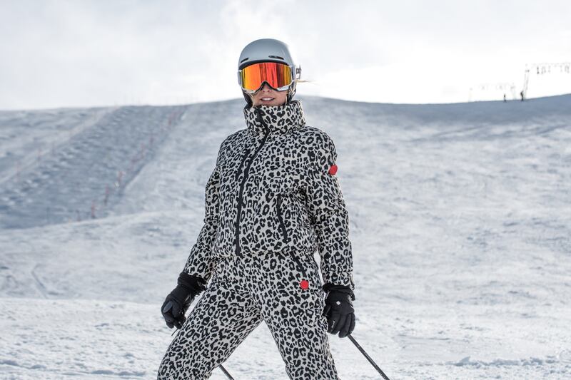 Erin Flynn in leopard print ski wear from her RuaNua brand, €440 and €220