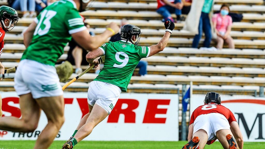 Limerick’s Darragh O’Donovan celebrates scoring a goal against Cork during their Munster SHC semi-final win. Photo: Lorraine O’Sullivan/Inpho