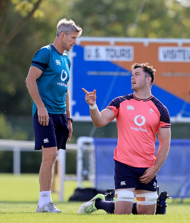 Defence coach Simon Easterby and James Ryan in conversation. Photograph: Dan Sheridan/Inpho