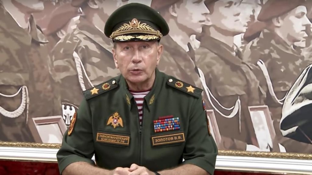Russian National Guard chief Viktor Zolotov: ‘I simply challenge you to a duel. In the ring, on the mat, wherever’ Photograph: Rosguardia Press Service/AP