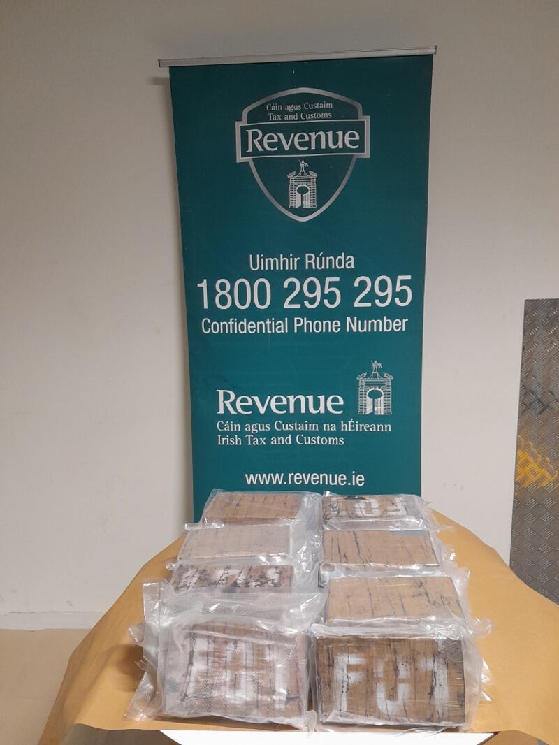 Some of the packaged cocaine on display after seizure. The 34kg of cocaine were discovered by Revenue officers who stopped and searched a vehicle that had disembarked from a ferry from Cherbourg, France.