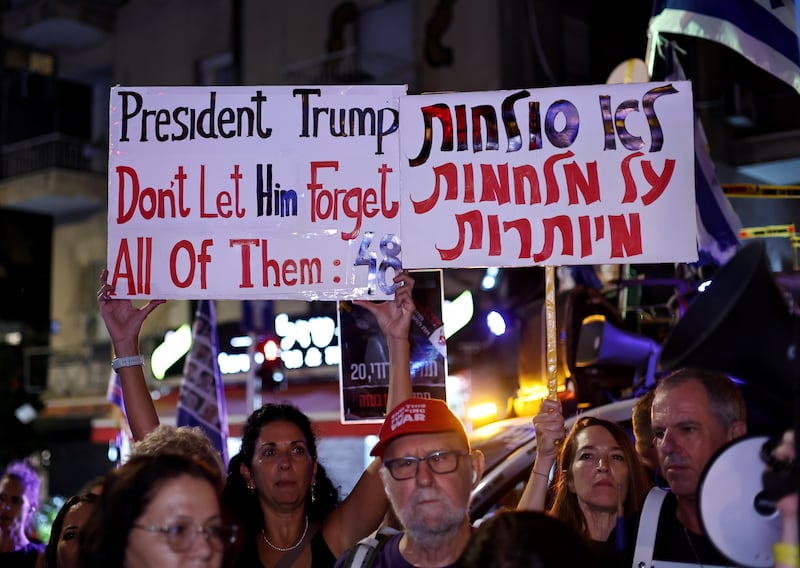 Familiy members of Israeli soldiers serving in Gaza, attending a protest in Tel Aviv, Israel, earlier this week. Photograph: EPA