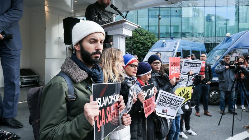 Protesters in front of the TV channel CNews, in the suburbs of Paris, November  2019, after the channel recruited Eric Zemmour for a daily show. Photograph:  Michel Stoupak/NurPhoto via Getty Images
