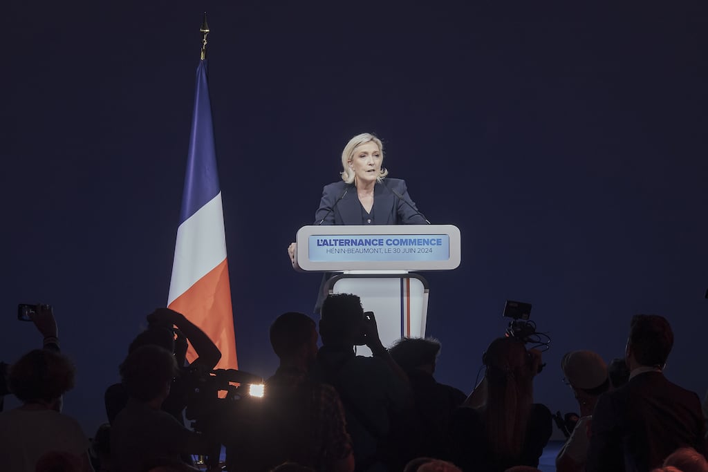 Marine Le Pen, leader of the National Rally party, speaks in Henin-Beaumont, France, on Sunday. Photograph: Cyril Marcilhacy/Bloomberg
