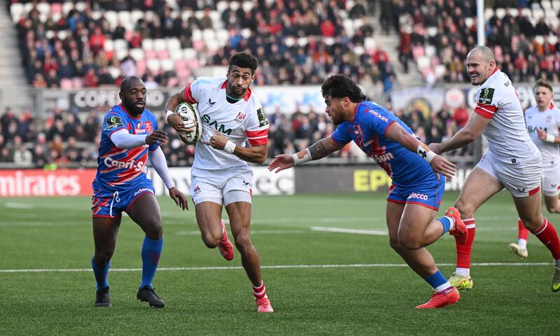 Ulster's Robert Baloucoune surges forward during last Saturday's Challenge Cup match against Stade Francais at Affidea Stadium in Belfast. Photograph: Charles McQuillan/Getty Images