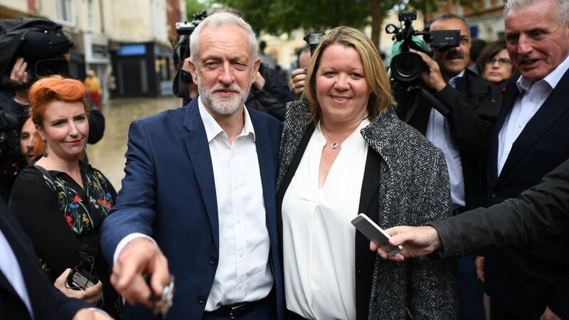 Labour Party leader Jeremy Corbyn celebrates with newly elected Labour MP Lisa Forbes: “Write Labour off at your peril.”  Photograph: Stefan Rousseau/PA
