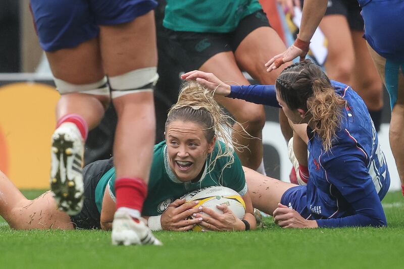 Ireland’s Stacey Flood celebrates after scoring her sides second try of the match against France in the Rugby World Cup quarter-final. Photograph: INPHO/ Dan Sheridan