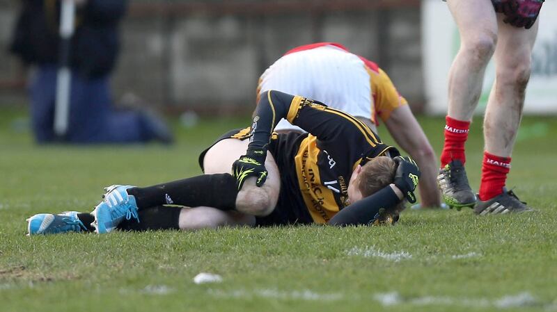 Cooper lies injured during the All Ireland Senior Club Championship Semi-Final against Castlebar in 2014. Photo: Donall Farmer/Inpho