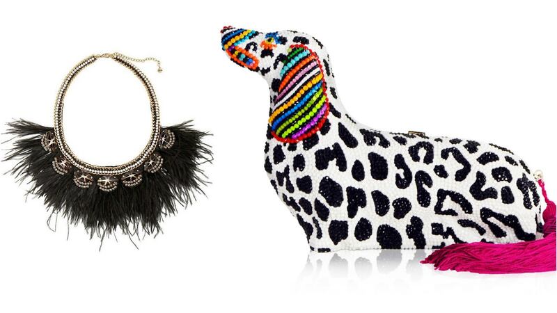 Harper feather necklace,  €185, from Stella and Dot: “more than an accessory, it’s an outfit changer”. Right, the most expensive dog on the planet? Jewelled and tasselled “minaudiere” bag, by Judith Leiber for Libertine, costs in excess of   $4,000 (€3,627)  and can be purchased worldwide from bergdorfgoodman.com