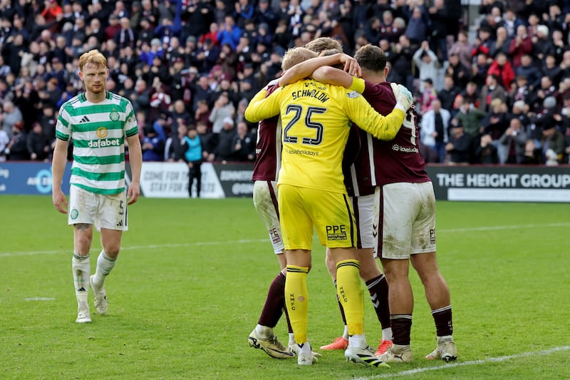 Hearts players celebrate beating Celtic last Sunday. Photograph: Steve Welsh/PA Wire