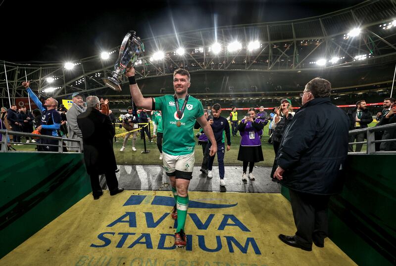 Ireland’s Peter O’Mahony celebrates with the Six Nations trophy. Photograph: Dan Sheridan/Inpho 