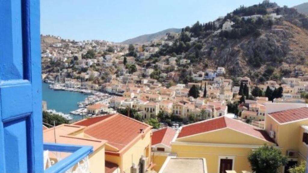In the Dodecanese island of Symi, this three-bedroom villa overlooks the island’s Venetian harbour