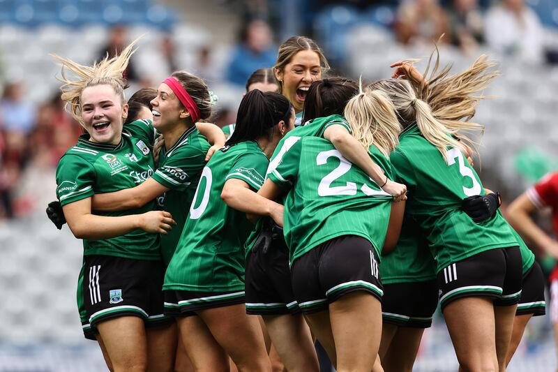 TG4 All-Ireland Ladies Junior Football Championship Final, Croke Park, Dublin, on Sunday, where Fermanagh played Louth. The Fermanagh team celebrate after the final whistle. Photograph: Ben Brady/Inpho
