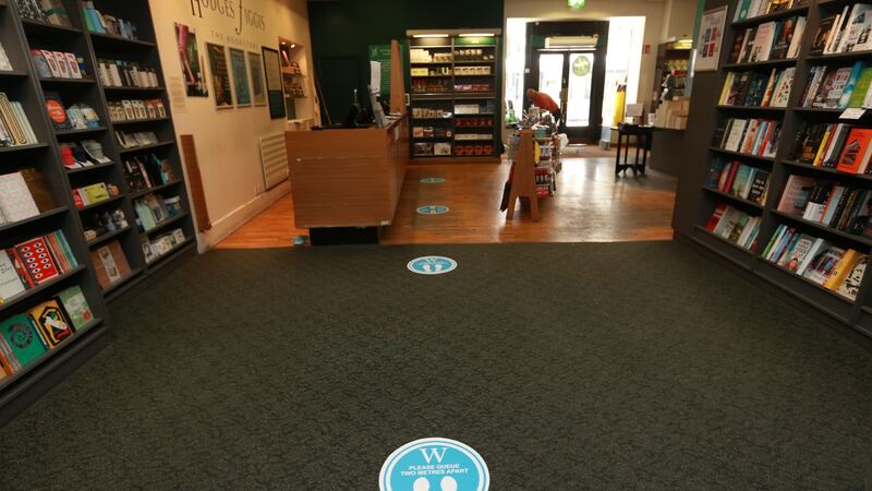Social-distancing measures being put in place in Hodges Figgis. Photograph : Laura Hutton