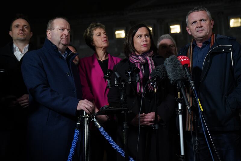Labour leader Ivana Bacik (centre left), Sinn Féin president Mary Lou McDonald (centre) and Richard Boyd Barrett (right) speak to the media  outside Leinster House, Dublin last night. Photograph: Brian Lawless/PA Wire