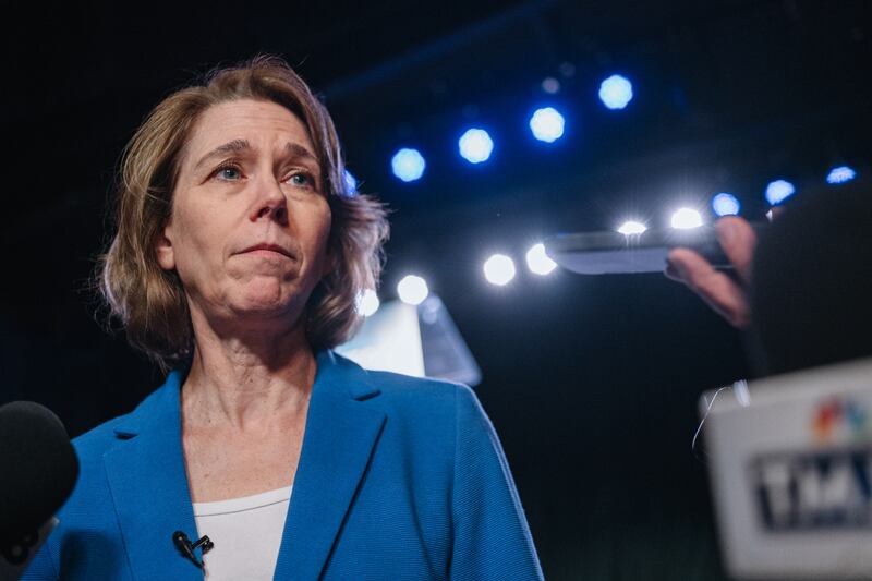 Judge Susan Crawford, the Democrat-backed nominee for the Wisconsin supreme court, speaks to members of the media in Madisonon Monday. Photograph: Jim Vondruska/Bloomberg