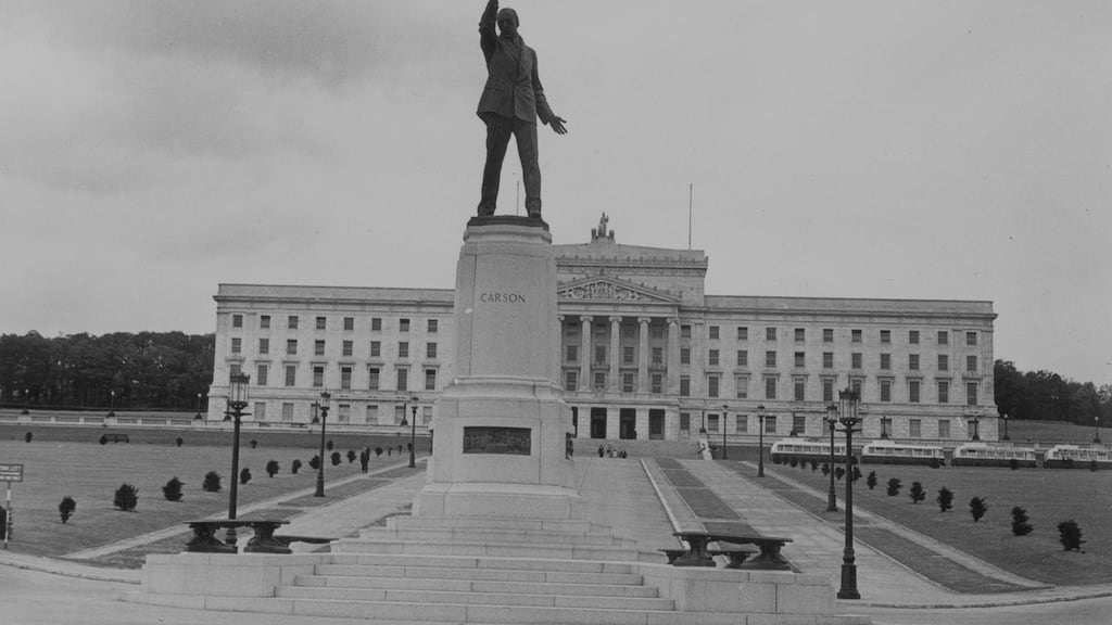July 1935: Statue of Edward Carson (1854-1935), unionist leader and founder of the Ulster Volunteer Force at Stormont Castle, seat of the Northern Ireland Parliament. Photograph: Fox Photos/ Getty Images