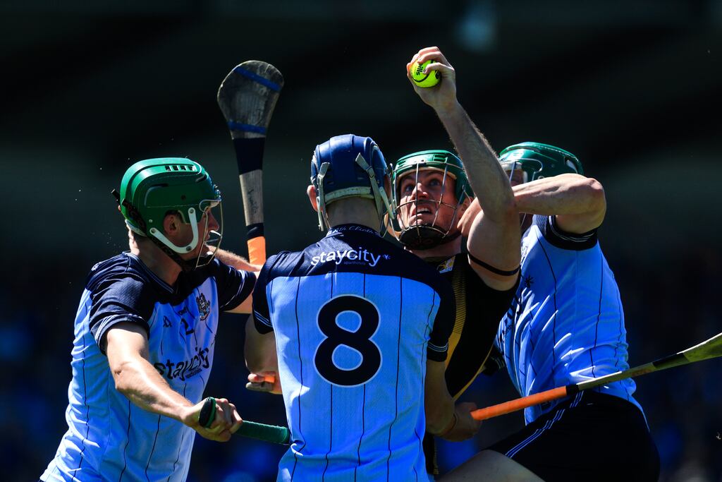 Kilkenny’s Eoin Cody is tackled by Brian Hayes with Fergal Whitely of Dublin at Parnell Park on Sunday. Photograph: Bryan Keane/Inpho