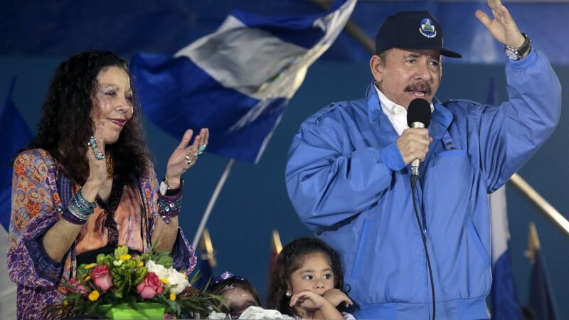 Nicaraguan president Daniel Ortega  speaks to supporters, next to his wife and vice-president Rosario Murillo in 2018. Photograph: INTI OCON/AFP via Getty Images