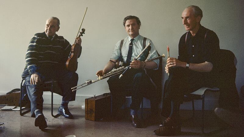 Michael Gorman, Felix Doran and Packie Byrne in a traditional Irish session at the Keele Folk Festival. Photograph:  Brian Shuel/Redferns