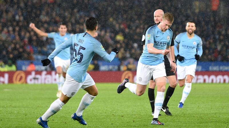 Manchester City’s Kevin De Bruyne celebrates scoring in the  Carabao Cup quarter-final against Leicester City at the King Power Stadium. Photograph:   Joe Giddens/PA Wire