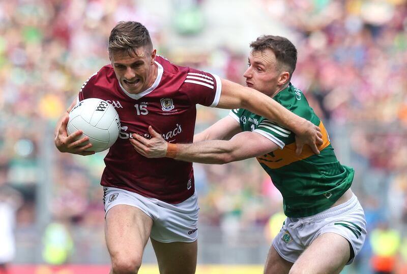 Galway's Shane Walsh, seen here with Tom O’Sullivan of Kerry in the All-Ireland final, has picked up his first award. Photograph: Bryan Keane/Inpho