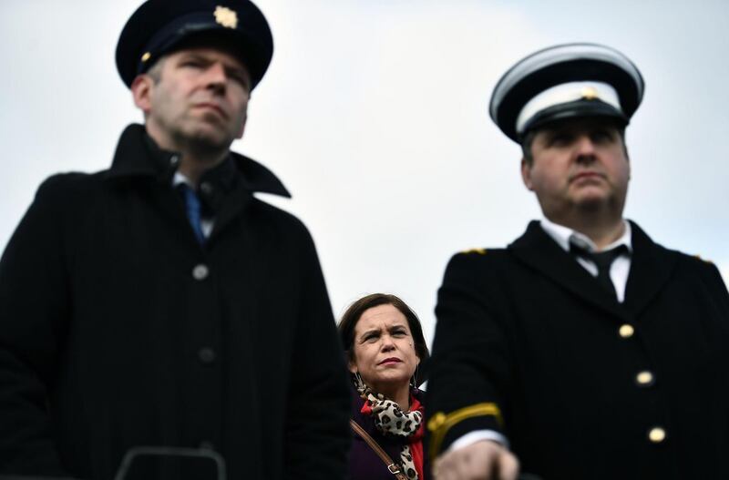Sinn Féin leader Mary Lou McDonald watches on as the Border Communities Against Brexit group protest  in Newry. Photograph: Charles McQuillan/Getty