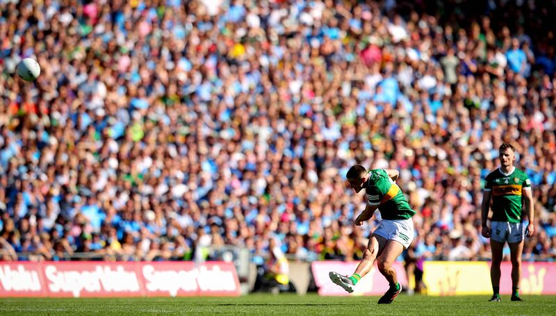 Seán O’Shea kicks a late free in injury time to win the game for Kerry by single point after a pulsating All-Ireland semi-final clash with Dublin at Croke Park. Photograph: Ryan Byrne/Inpho
