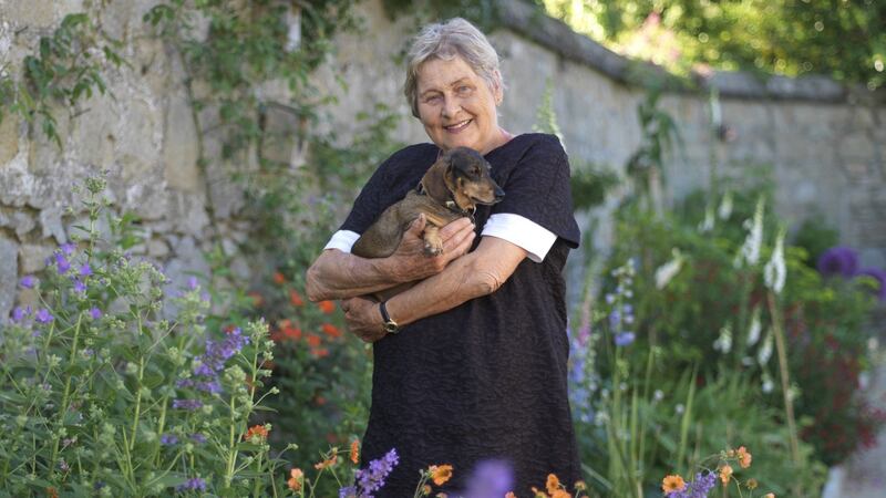 Helen Dillon and her dog Ruby in her   garden in Monkstown.   Dillon hosts her ultra-popular Garden Lessons series. Photograph:  Richard Johnston