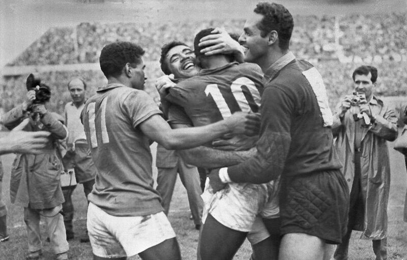 Team mates huge Pele (10), who scored twice in the 5-2 win over Sweden in the 1958 World Cup final. Photograph: Bettman Archive