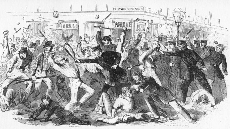 In 1863, during the American Civil War, opponents of conscription rioted at the offices of the Daily Tribune in New York. A get-out clause in the draft legislation, known as the Rich Man’s Exemption, caused anger among the poor of New York City, especially Irish immigrants. The Irish are caricatured  as having ape-like faces. Photograph: The Print Collector/Print Collector/Getty Images