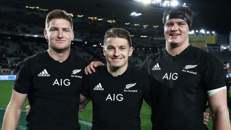 All Blacks  Barrett brothers Jordie Barrett, Beauden Barrett and Scott Barrett during the  Test match between the New Zealand All Blacks and Samoa at Eden Park on June 16th in Auckland, New Zealand. Photograph: Phil Walter/Getty Images